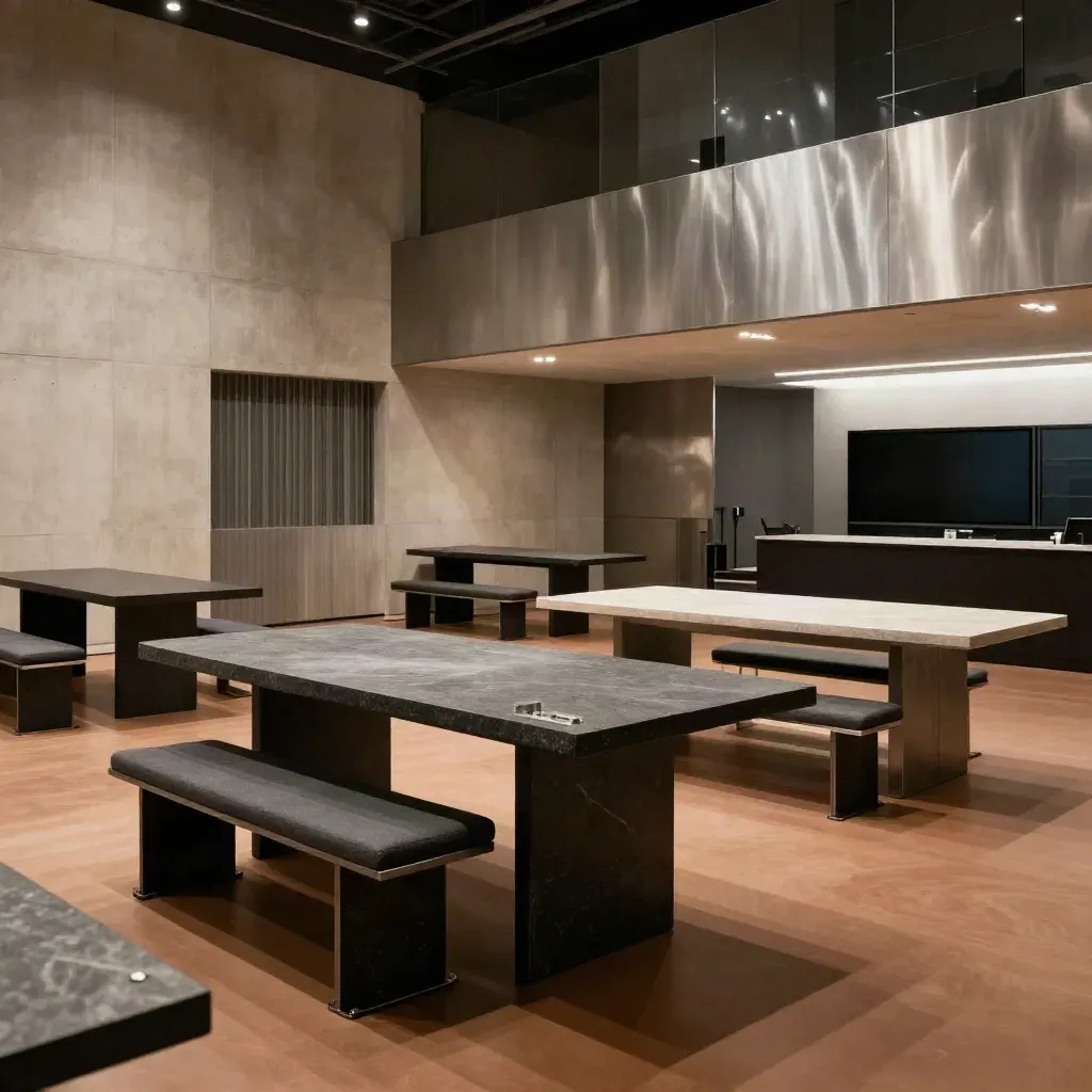 Showroom industriale elegante con tavoli monolitici, sedute allineate e monitor sfocato