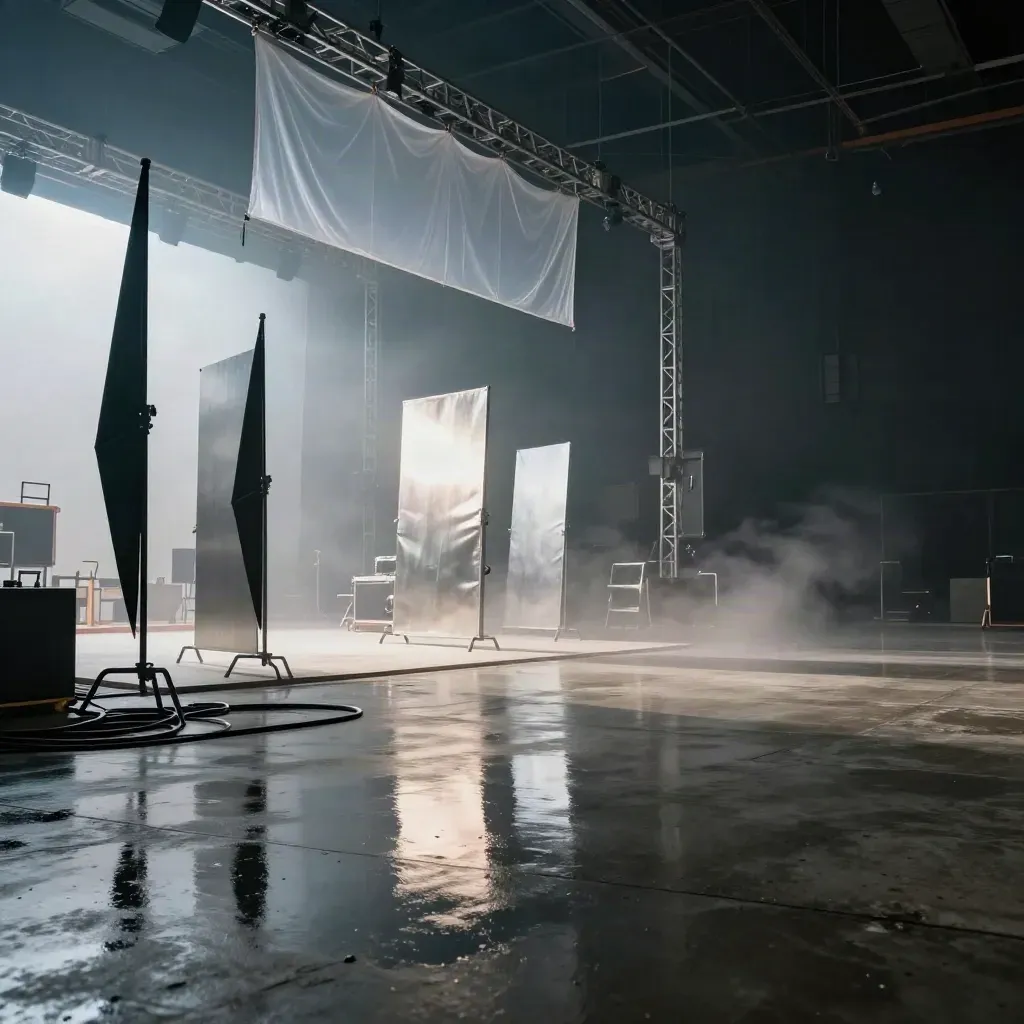 Set cinematografico con teli, bandiere nere, riflettori e pavimento bagnato nella foschia del mattino.