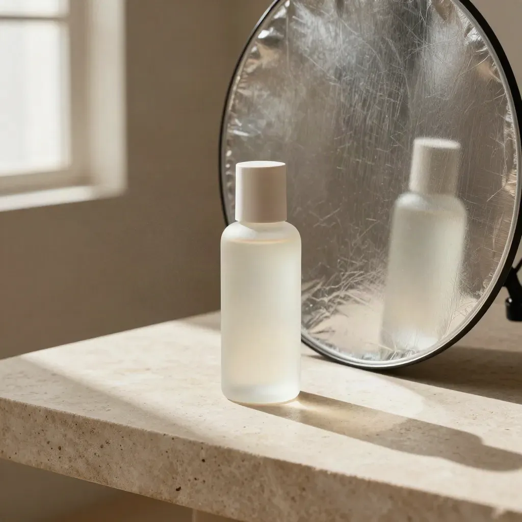 Set beauty con flacone satinato, pannelli diffusori e lastra metallica su pietra, luce morbida.