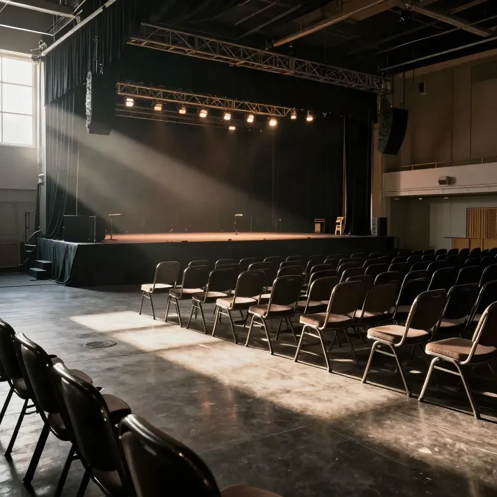 Sala eventi vuota con palco, luci e sedie allineate, illuminata da luce calda laterale.