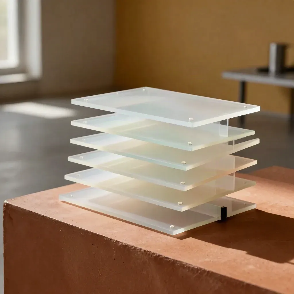 Lightbox astratta in vetro opalino e acetati, con ombre dinamiche su fondo caldo.