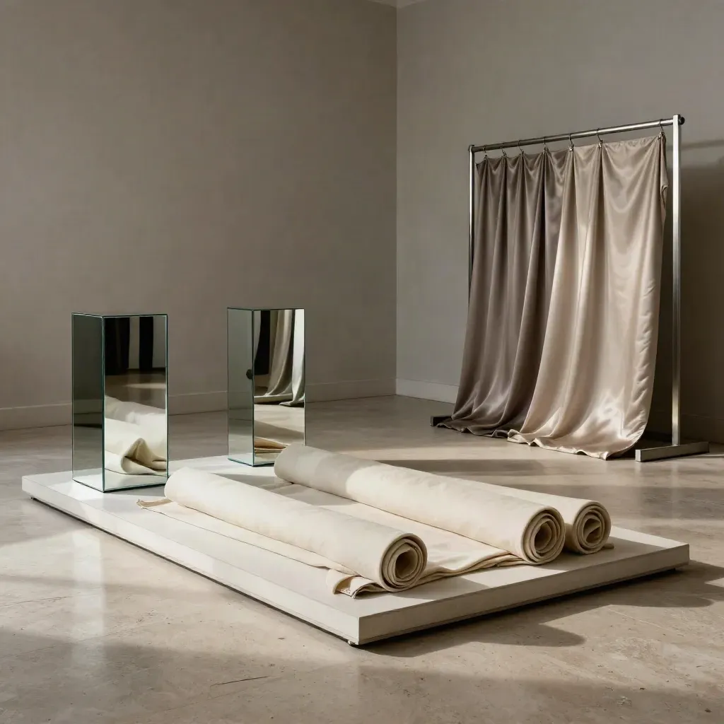 Showroom moda milanese vuoto con plinti specchiati, tessuti crema e fondale in scena.
