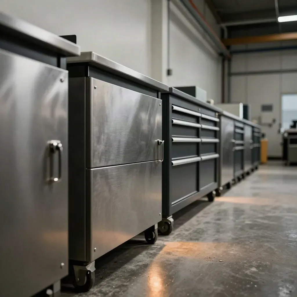 Officina industriale rifinita, macchine allineate, banco chiuso e pavimento resinato sotto luce di servizio.