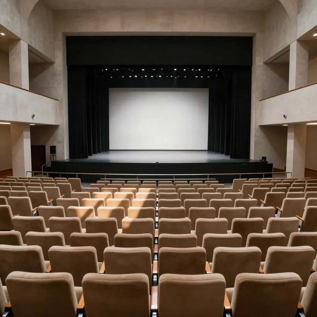 Sala eventi bolognese vuota con palco, sedute allineate e luce astratta sul fondale.