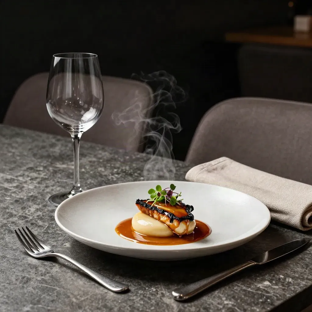 Tavolo fine dining impeccabile con piatto finito, vetro, lino e sedie scostate in luce soffusa.