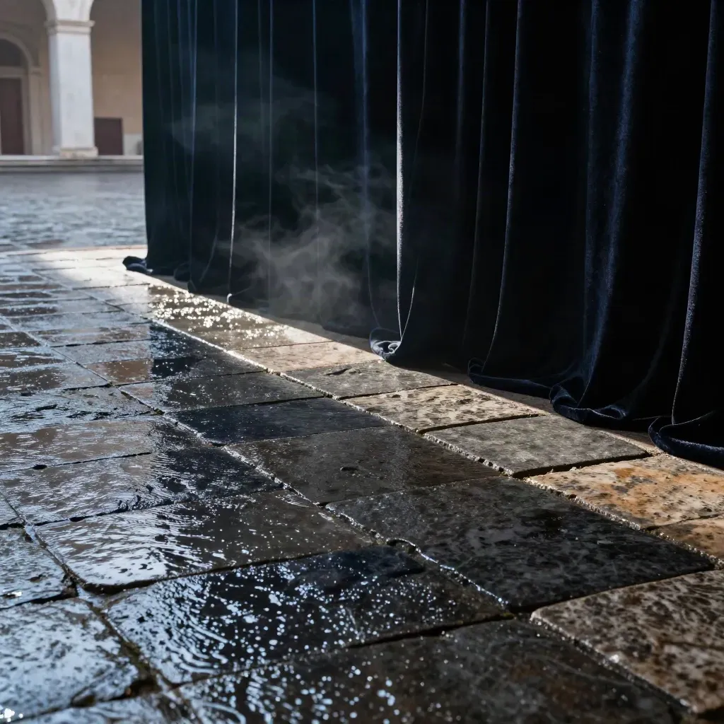 Set romano bagnato con tende nere, luce diagonale e nebbia notturna sul cortile.