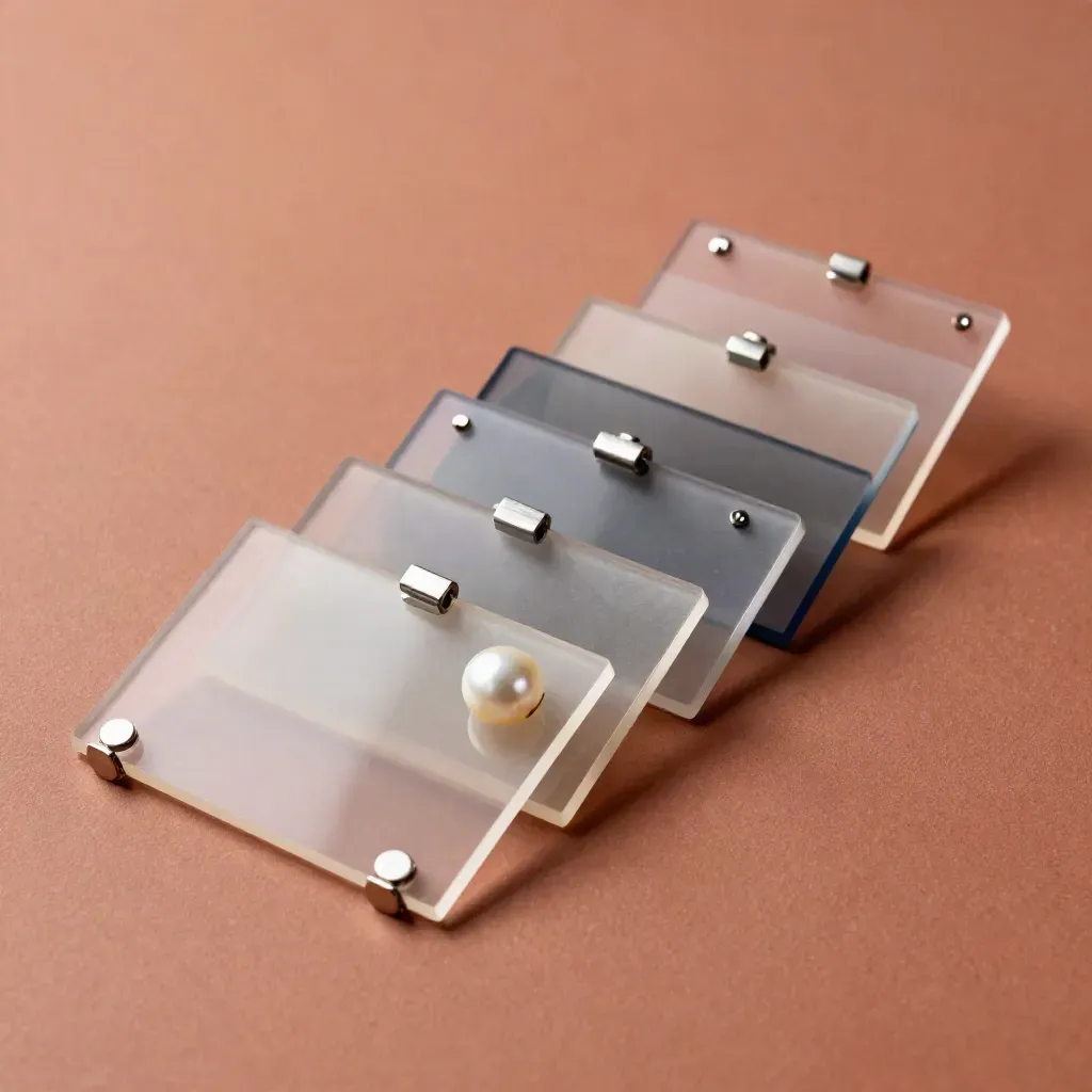 Lastre di acetato e distanziali in alluminio su piano terracotta, luce radente.