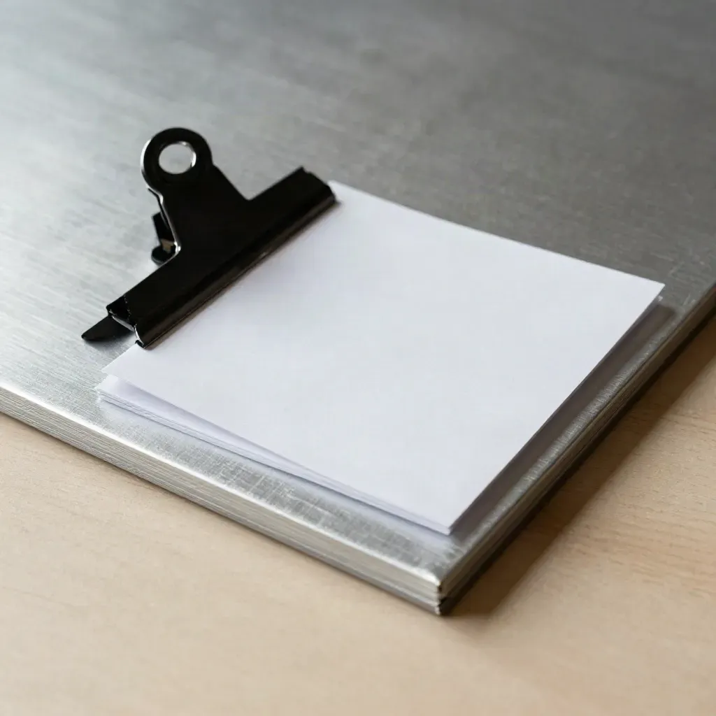 Scheda di produzione in alluminio spazzolato con clip nera e due card bianche su legno chiaro