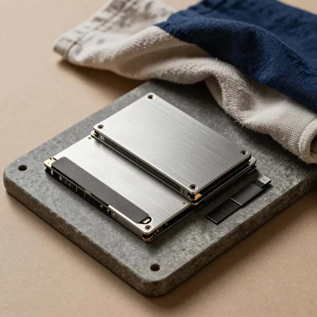 SSD, chiavetta USB e velcro su vassoio in pietra, luce morbida e ombre sottili