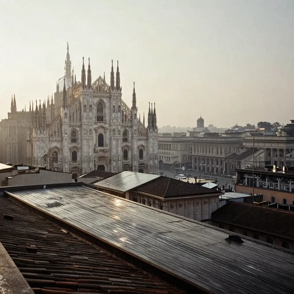 Milano all’alba con il Duomo alto nel frame e tetti umidi avvolti nella foschia.