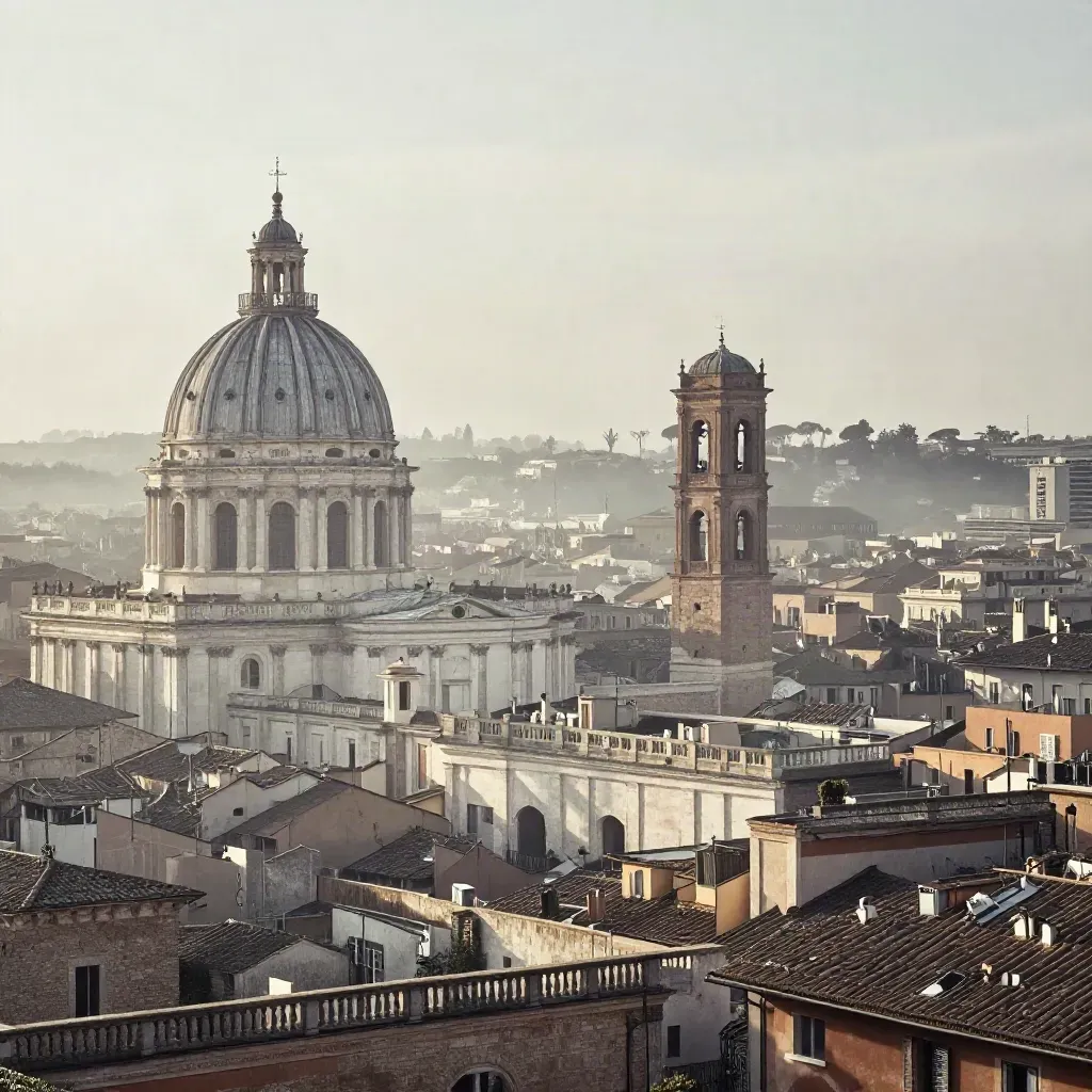 Roma vista da terrazza alta all’alba, cupole e tetti di travertino nella foschia dorata.