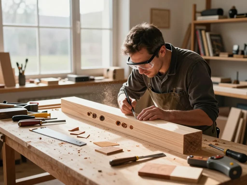 Artigiano che esamina i tarli del legno in una trave di legno durante la lavorazione del legno.