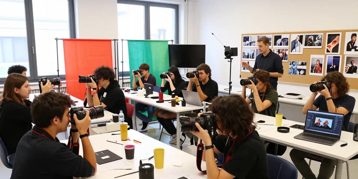 Corsi di Fotografia a Milano studenti che praticano tecniche fotografiche in un'aula luminosa