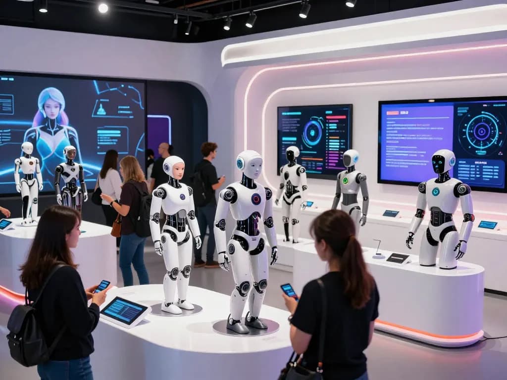 Advanced sex bot display at tech exhibit engaging diverse visitors with futuristic interaction.