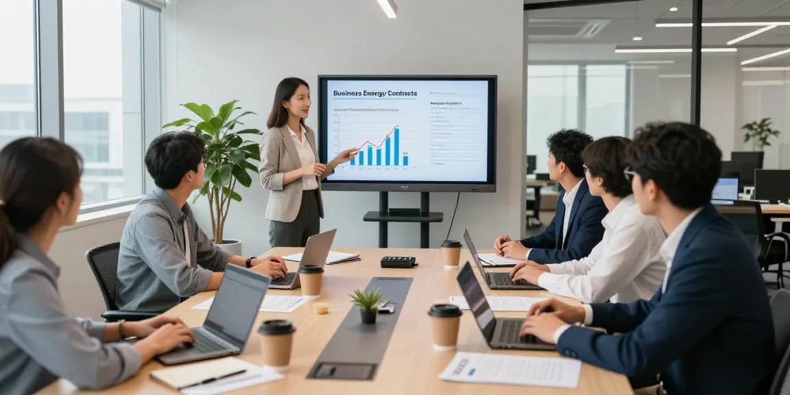 Business team discussing deemed contracts for business electricity in a modern office setting.