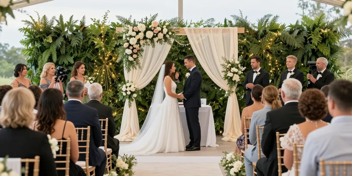 rokok88 wedding venue showcasing an elegant ceremony setup with floral decor and soft lighting.